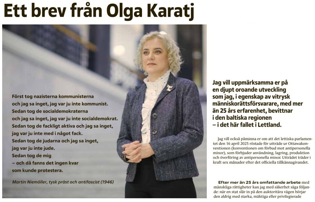 Olga Karach in issue No. 6 of the Swedish activists’ magazine Ställ om! (November 2025)