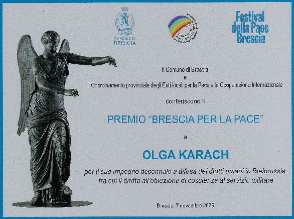 Belarusian human rights defender Olga Karach receives the Italian Peace Prize