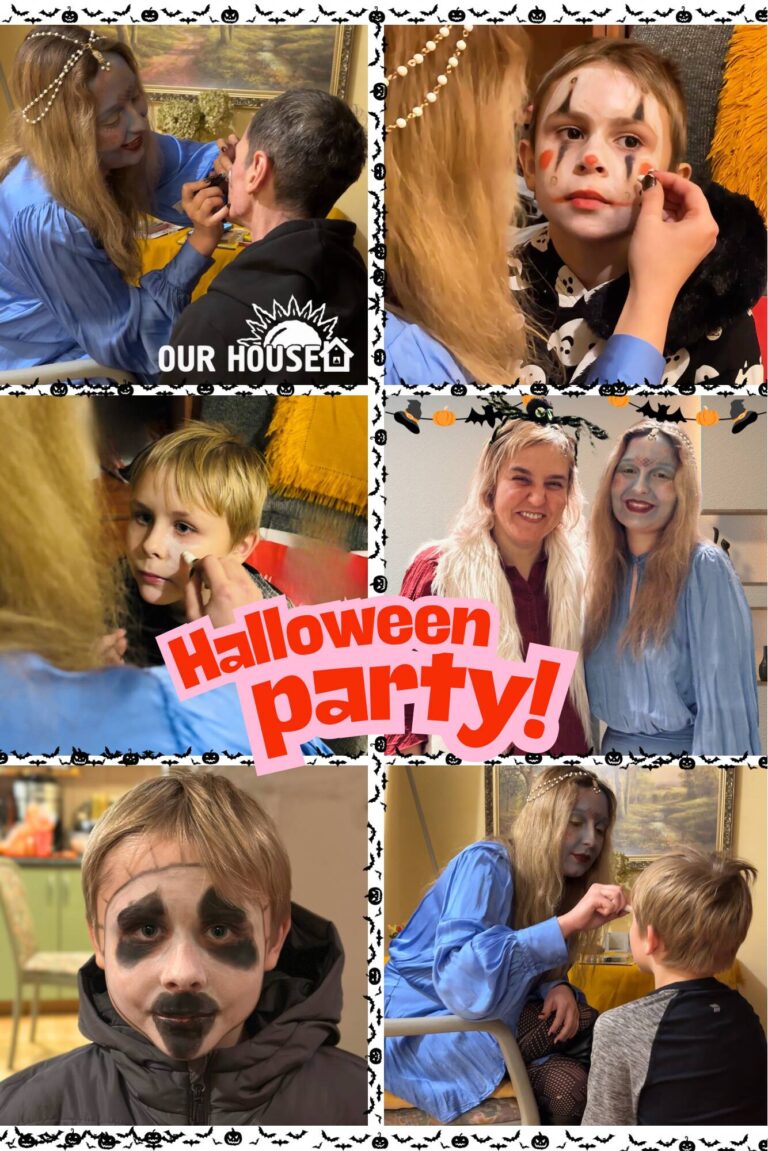 Our House Halloween party with children, pumpkins and costumes