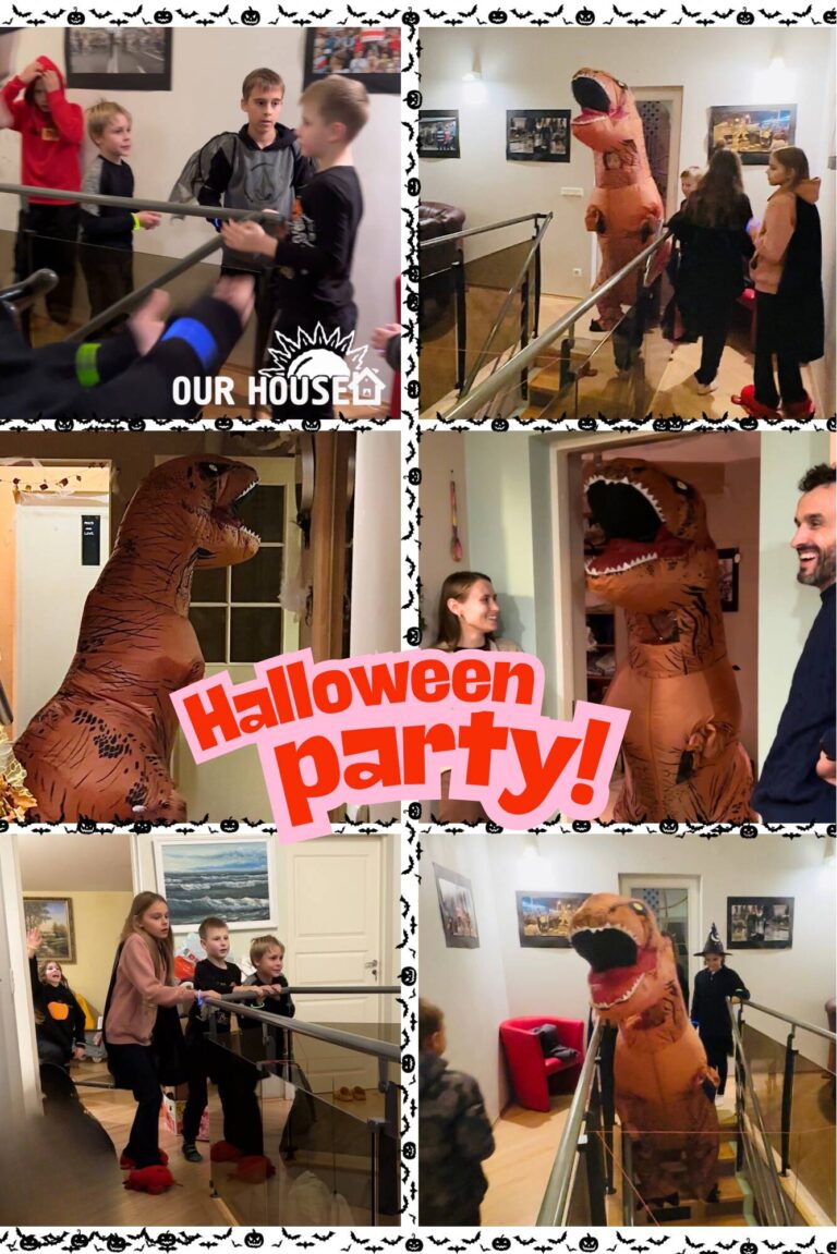 Our House Halloween party with children, pumpkins and costumes