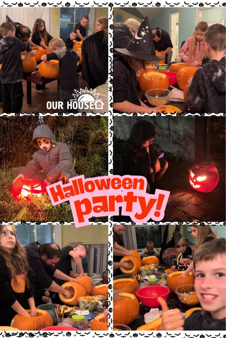 Our House Halloween party with children, pumpkins and costumes
