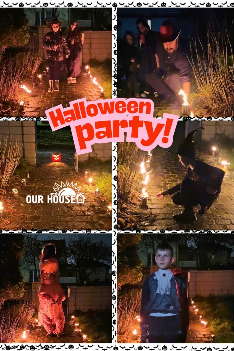 Our House Halloween party with children, pumpkins and costumes