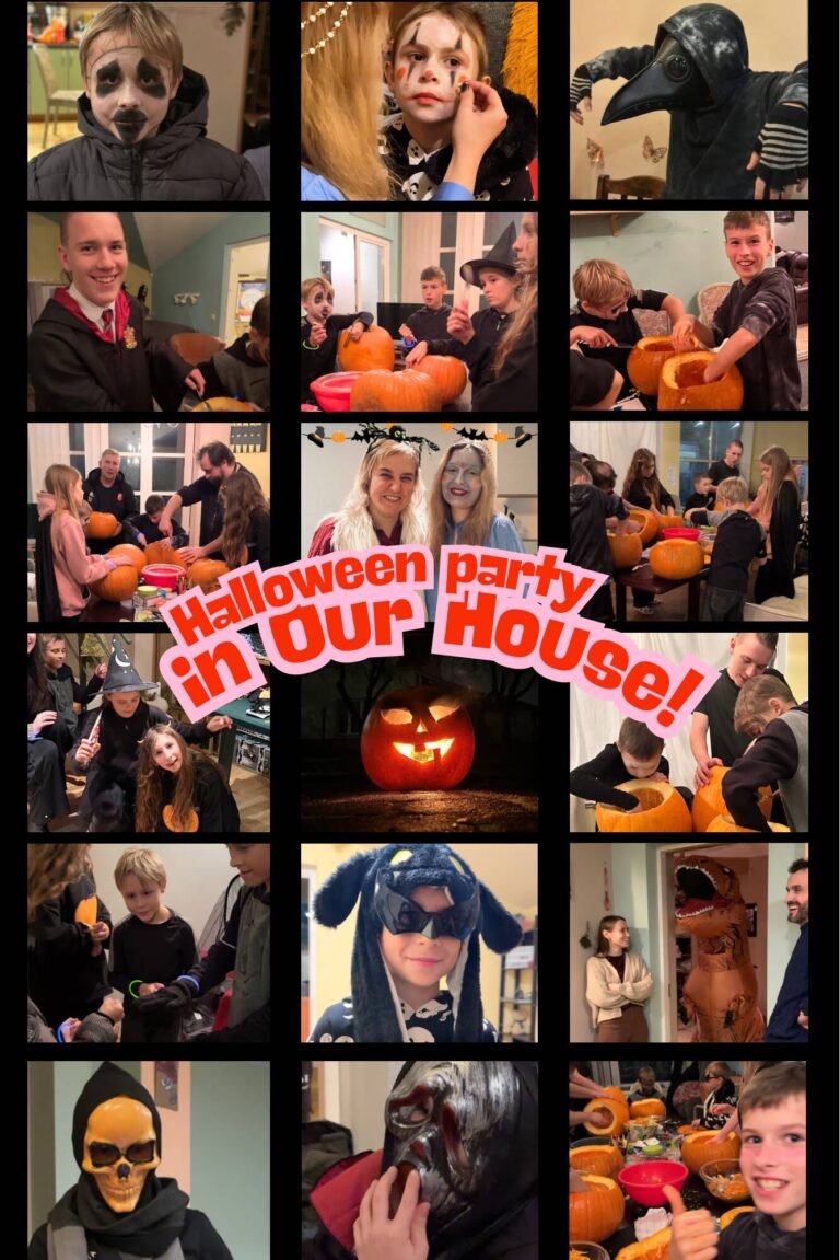 Halloween party preparation at Our House with children decorating pumpkins and costumes